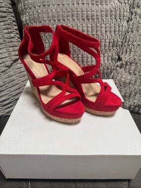 ALDO Red Strappy Suede Cork Wedge Sandals